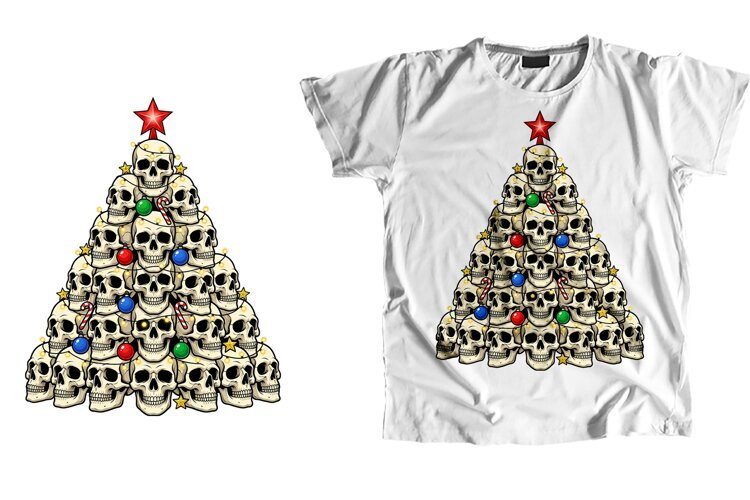 Skull Christmas Tree T-Shirt PNG Sublimation Art example image 1