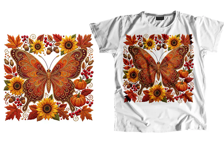 Autumn Butterfly Sunflower T-Shirt PNG 300 DPI