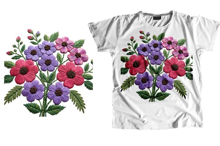 Embroidered Floral T-Shirt PNG Sublimation Art example image 1