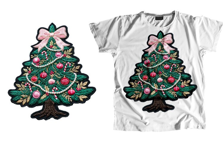 Embroidered Christmas Tree T-Shirt Sublimation PNG example image 1