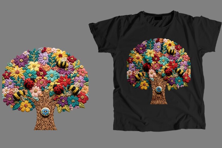 Embroidered Flower Tree T-Shirt PNG Sublimation Art example image 1