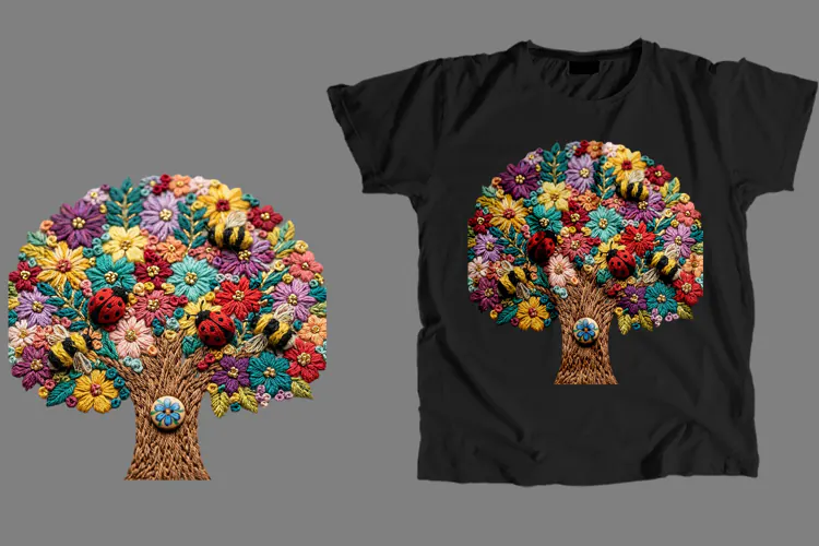 Embroidered Flower Tree T-Shirt PNG Sublimation Art