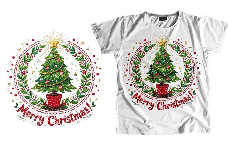 Embroidered Christmas Tree T-Shirt Sublimation PNG Design example image 1