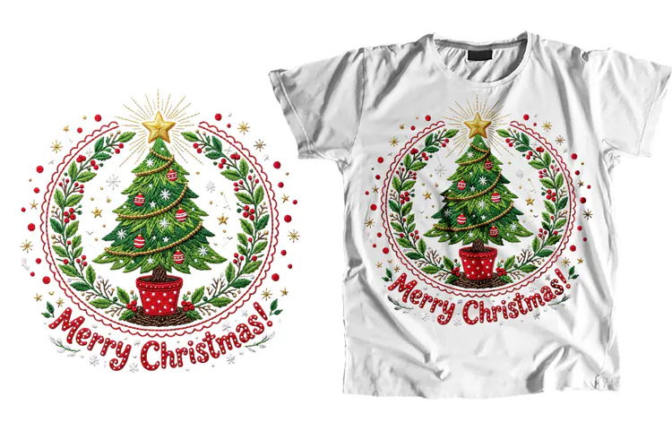 Embroidered Christmas Tree T-Shirt Sublimation PNG Design