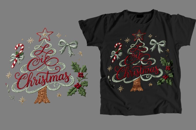Embroidered Christmas Tree T-Shirt PNG Festive Sublimation example image 1