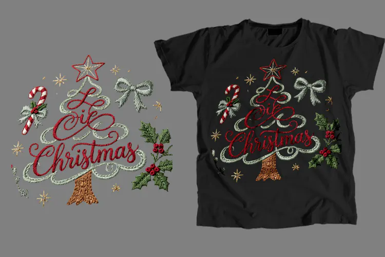 Embroidered Christmas Tree T-Shirt PNG Festive Sublimation