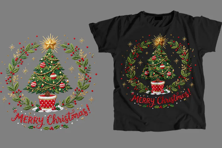 Embroidered Christmas Tree T-Shirt Sublimation PNG Design