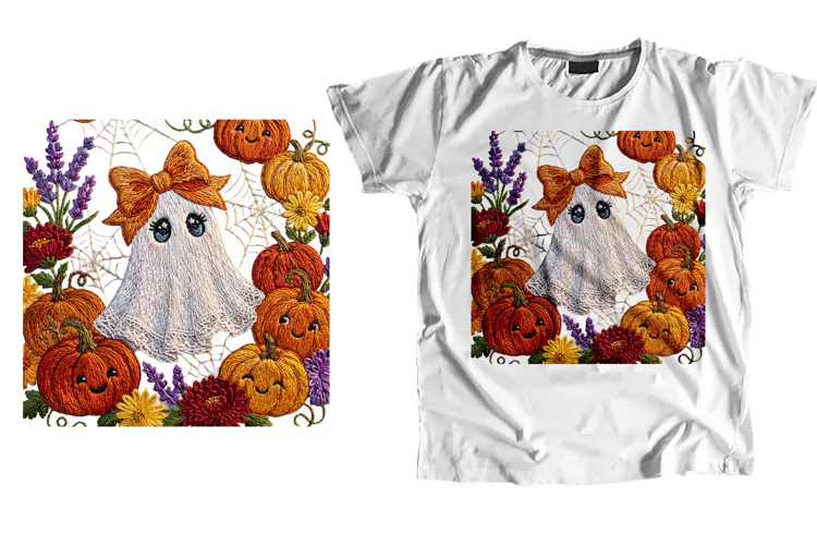 Ghost with Bow Pumpkin T-Shirt PNG 300 DPI