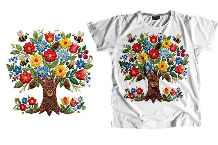 Embroidered Tree T-Shirt PNG Floral Sublimation Art example image 1