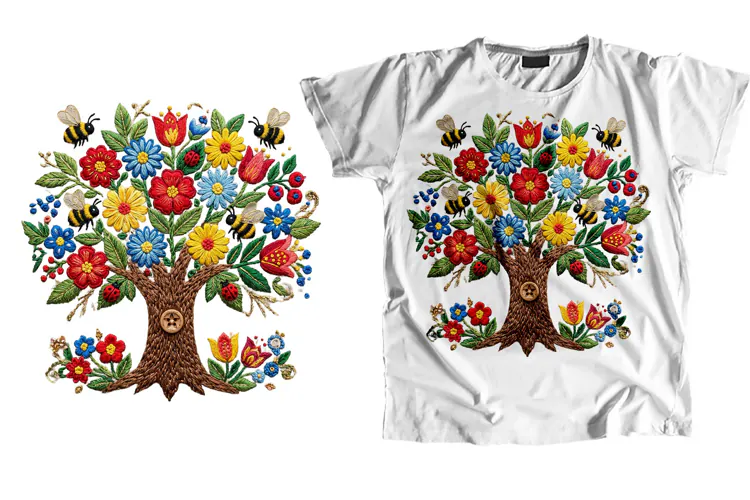 Embroidered Tree T-Shirt PNG Floral Sublimation Art