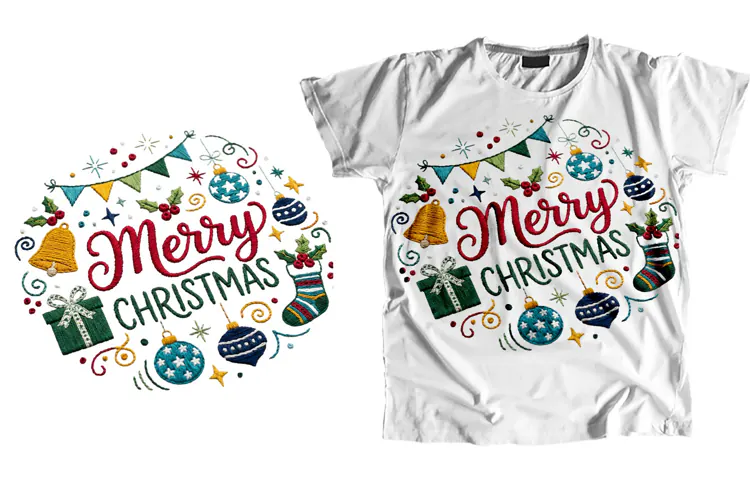 Embroidered Merry Christmas T-Shirt Sublimation PNG