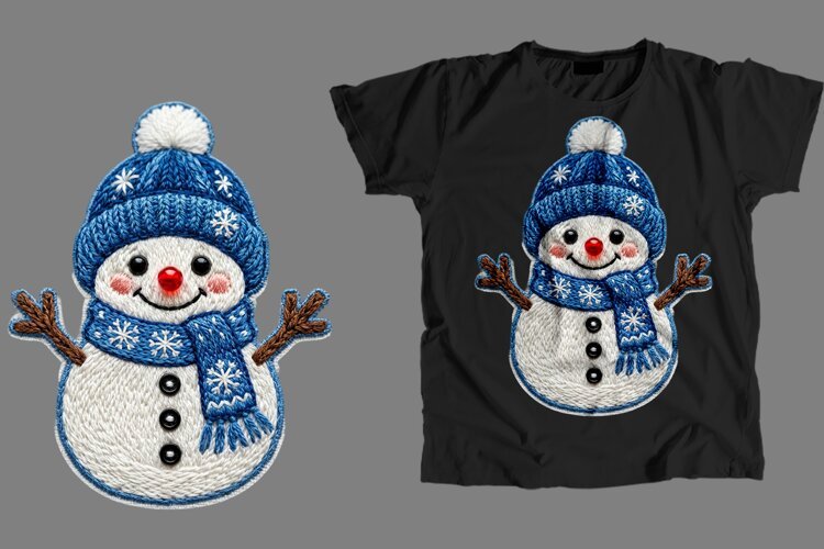 Embroidered Blue Snowman T-Shirt Sublimation PNG example image 1