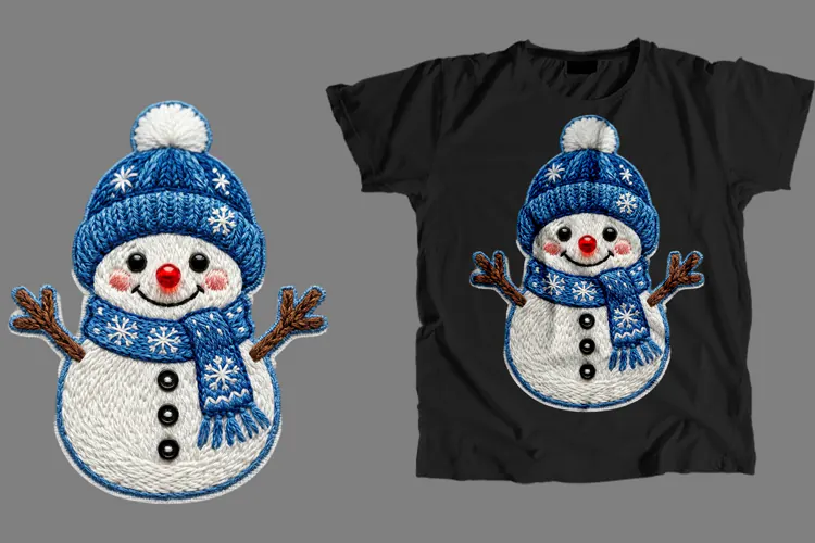 Embroidered Blue Snowman T-Shirt Sublimation PNG