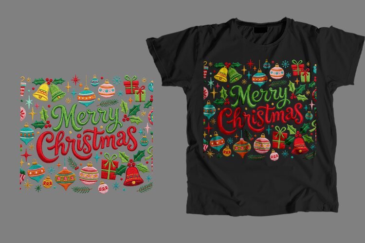 Embroidered Merry Christmas T-Shirt Sublimation PNG example image 1