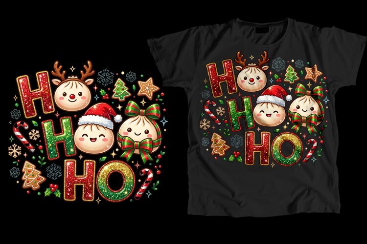 Christmas Dumpling T-Shirt PNG Ho Ho Ho Glitz Sublimation example image 1