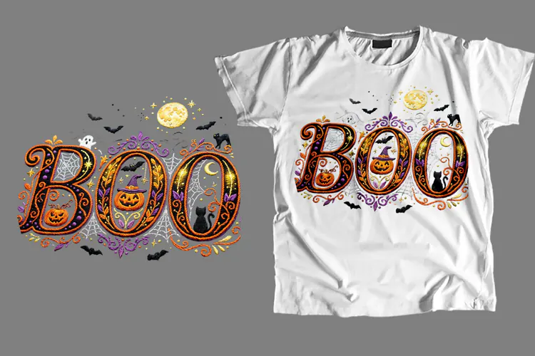 Embroidered BOO Halloween T-Shirt PNG 300 DPI