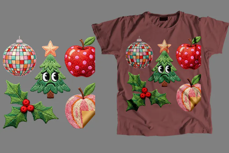Embroidered Christmas T-Shirt PNG Sublimation Design