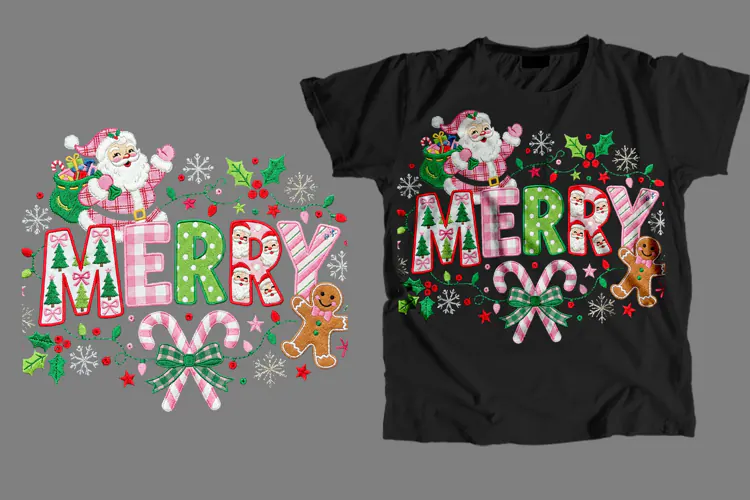 Embroidered Pink Merry Christmas T-Shirt Sublimation