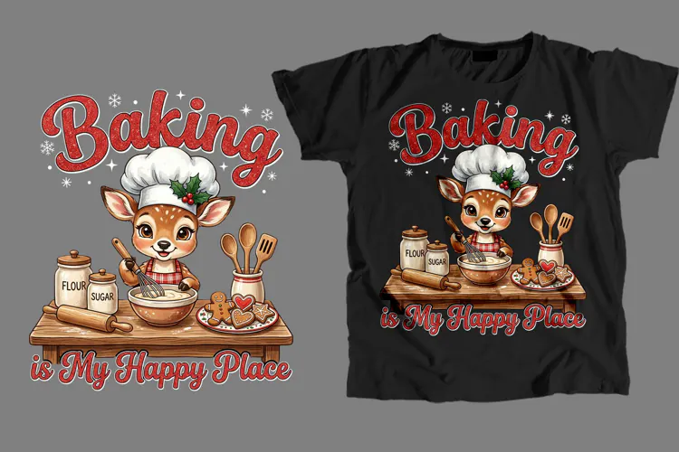 Baking Is My Happy Place Christmas Deer T Shirt PNG
