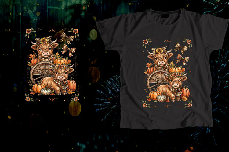 Two Highland Cows Wagon Pumpkins Fall Art example image 1