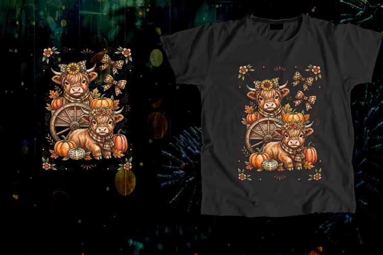 Two Highland Cows Wagon Pumpkins Fall Art