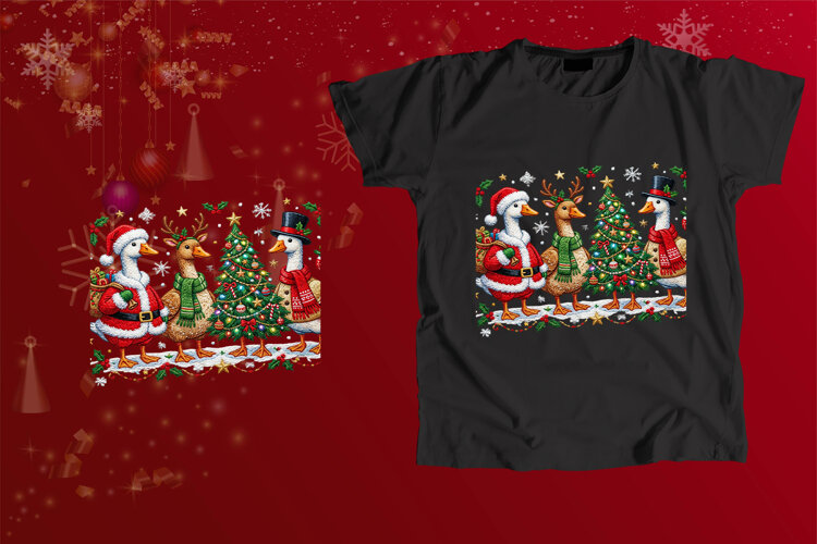 Embroidered Christmas Geese Holiday Sublimation Art example image 1
