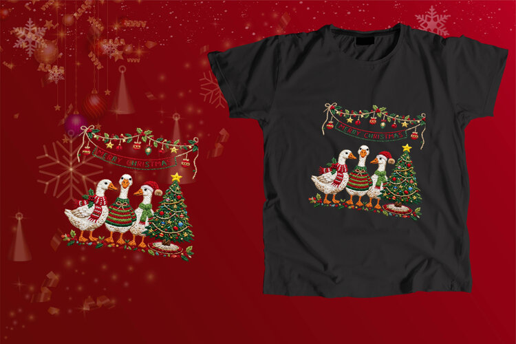 Merry Christmas Embroidered Geese Holiday Sublimation Art example image 1