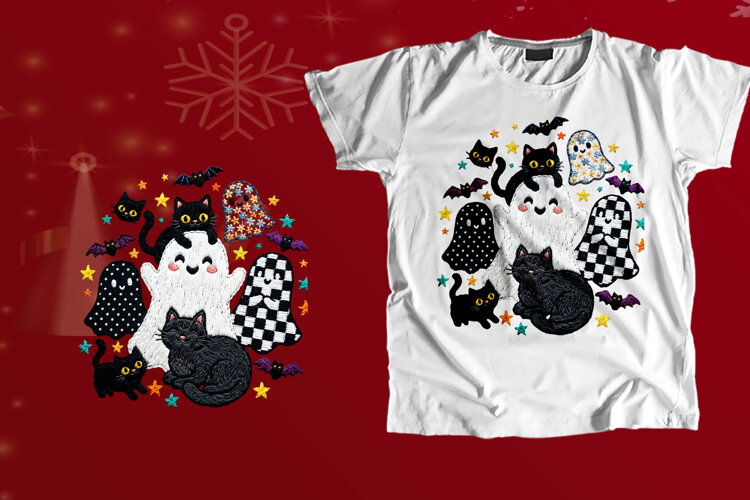 Embroidered Halloween Cute Ghosts Black Cats Stars PNG example image 1