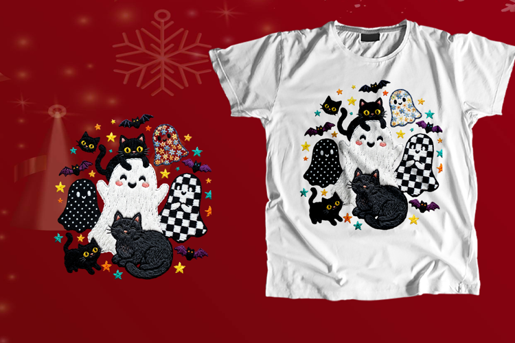 Embroidered Halloween Cute Ghosts Black Cats Stars PNG