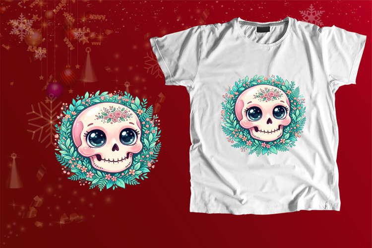 Cute Chibi Floral Skull Coquette Pastel Halloween PNG example image 1
