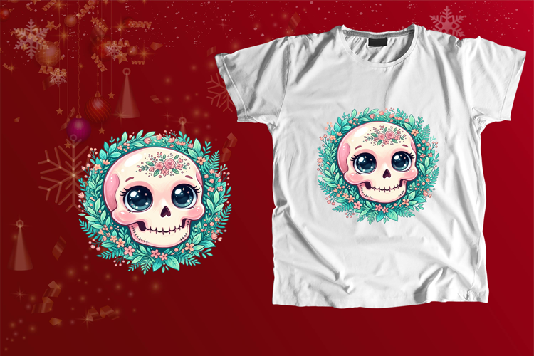 Cute Chibi Floral Skull Coquette Pastel Halloween PNG