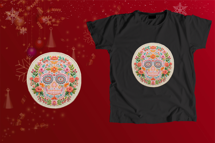 Embroidered Pink Sugar Skull Sublimation Art