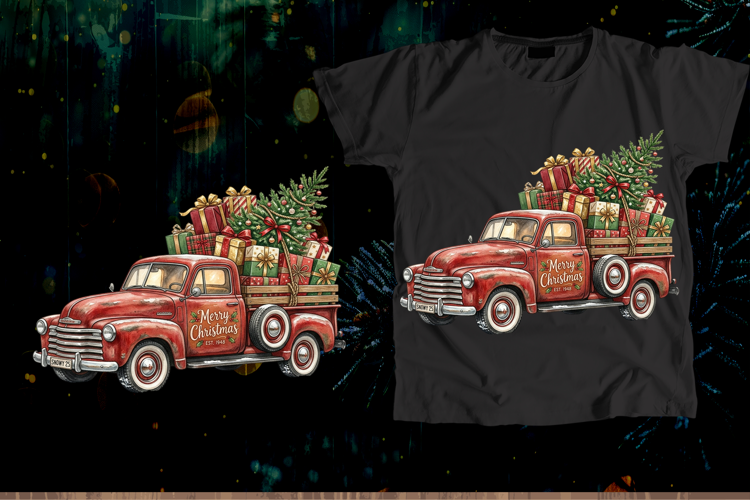 Red Vintage Christmas Truck Tree Gifts PNG