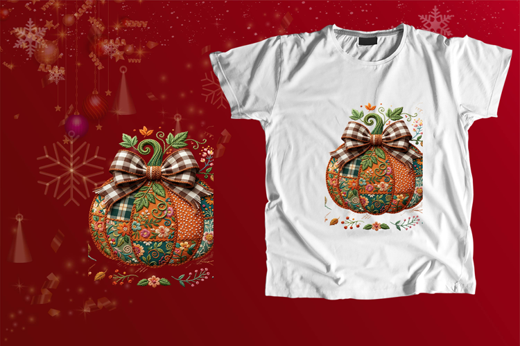 Embroidered Patchwork Floral Pumpkin Gingham Bow PNG