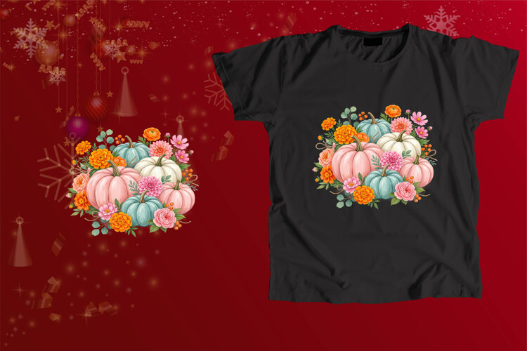 Pastel Pumpkins and Flowers Fall Sublimation Art example image 1
