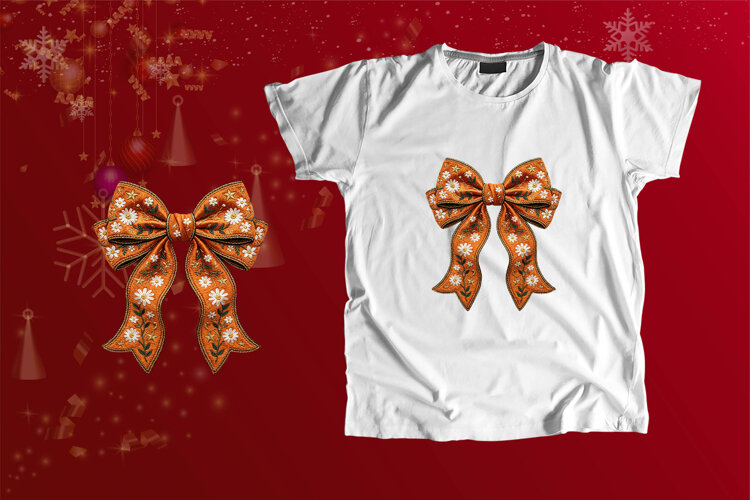 Embroidered Orange Floral Coquette Bow Fall PNG Clipart example image 1