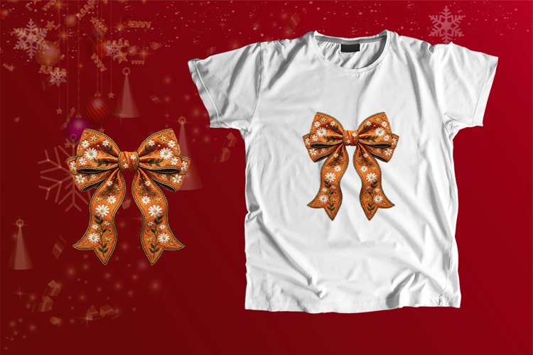 Embroidered Orange Floral Coquette Bow Fall PNG Clipart