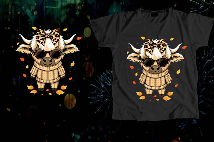 Chibi Highland Cow Sweater Leopard Bow Fall Art example image 1