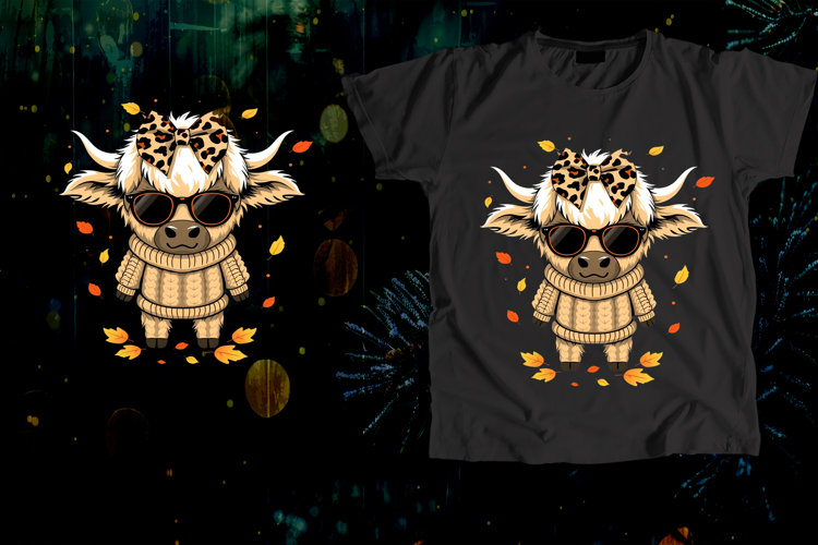 Chibi Highland Cow Sweater Leopard Bow Fall Art