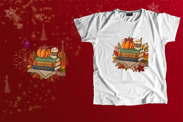 Embroidered Autumn Stories Books Pumpkin Sublimation Art example image 1