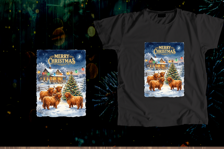 Cozy Watercolor Highland Cows Snowy Christmas PNG
