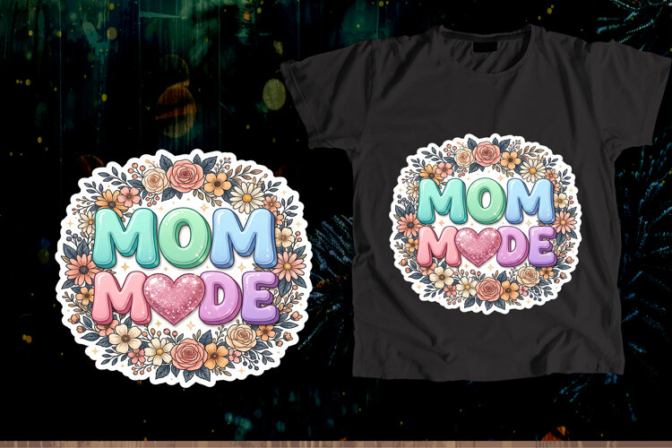 Mom Mode Floral Retro Bubble Letters Sticker Design example image 1