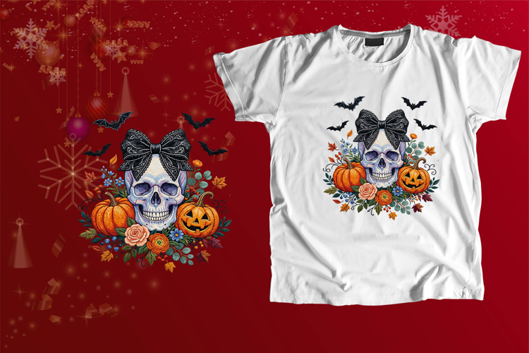 Embroidered Skull Black Lace Bow Halloween PNG