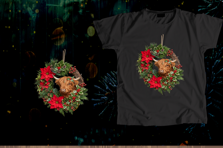 Rustic Highland Cow Christmas Wreath PNG