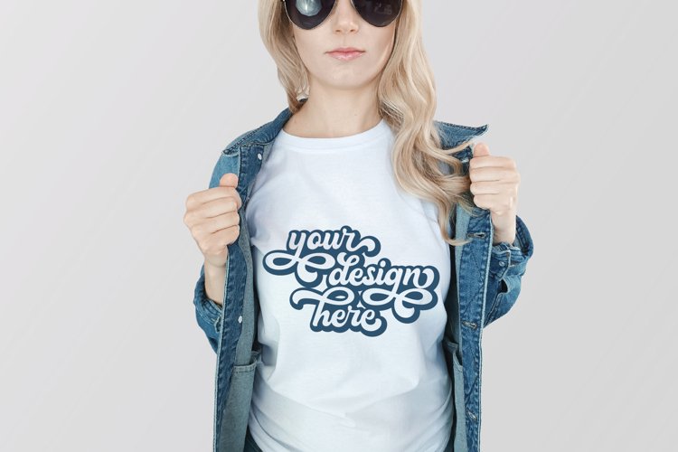 White t-shirt woman model mockup on neutral white background
