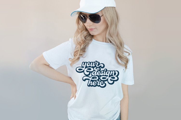White t-shirt woman model mockup on neutral background
