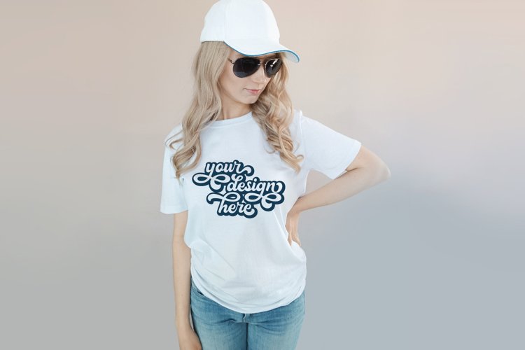 White t-shirt woman model mockup on neutral background