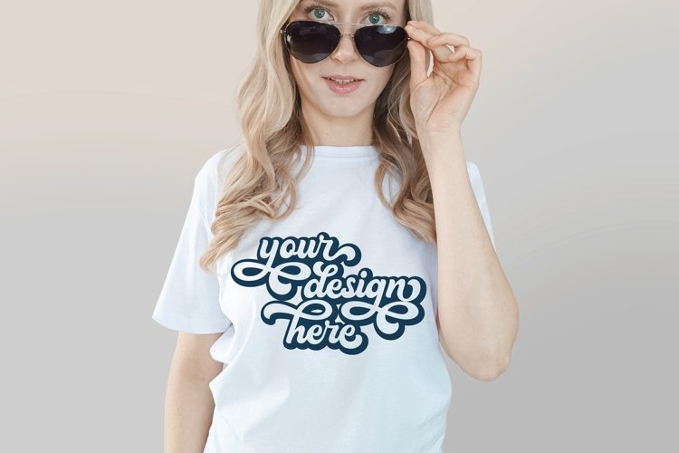 White t-shirt woman model mockup on neutral background