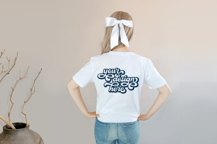 Back white t-shirt woman model mockup on neutral background