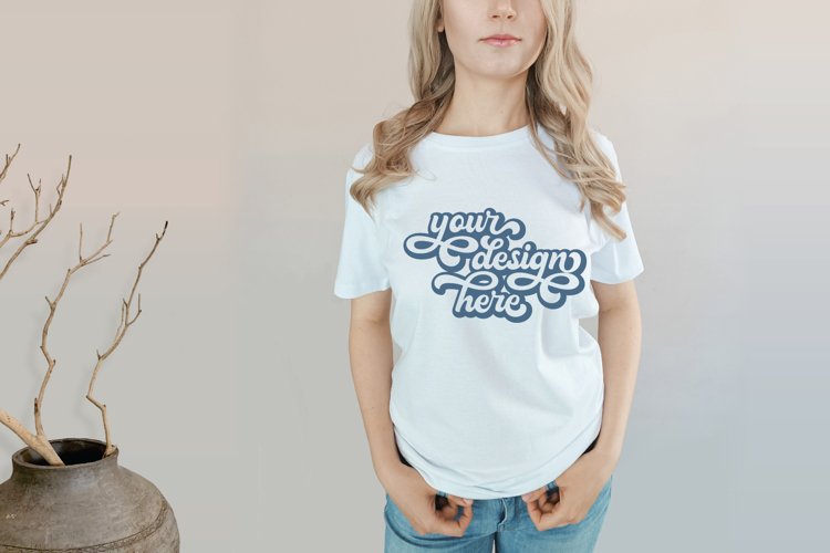 White t-shirt woman model mockup on neutral background